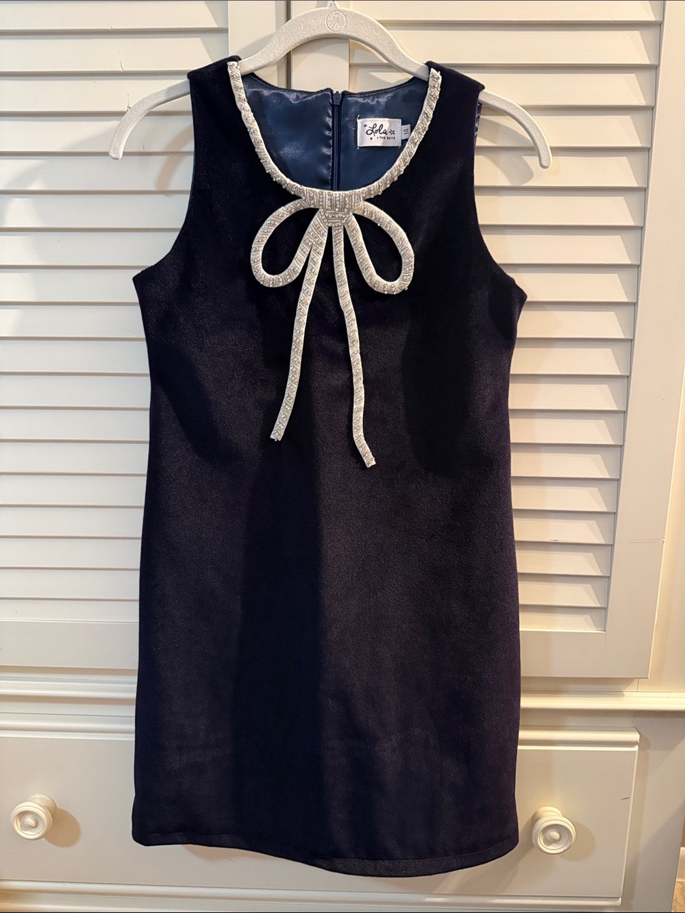 Lola + The Boys Girls Navy Dress with Crystal Silver Bow Trim